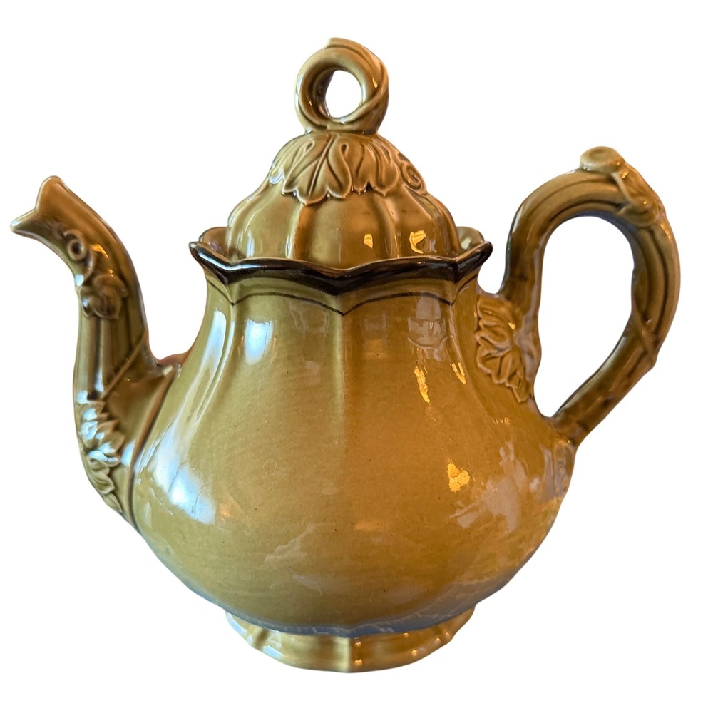 Green Ceramic Teapot Olive Green Embossed Leaf Victorian